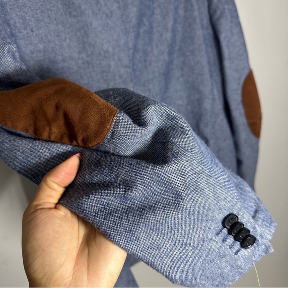 H&M Light Blue Blazer Jacket Size 42R Slim Fit Cotton Elbow Patch Sportcoat - Picture 9 of 11